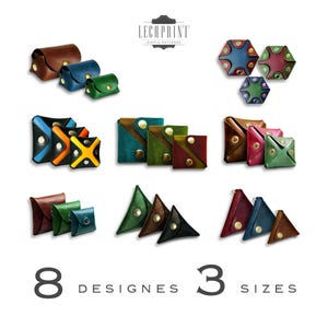 May include: Eight different designs of leather coin purses in three sizes. The purses are in various colors, including green, blue, red, brown, and yellow. The purses are arranged in rows on a white background. The text "LEATHERPRINT SIMPLE PATTERNS" is at the top of the image.