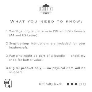 K&ouml;nnte beinhalten: Ein digitaler Download f&uuml;r Lederhandwerk-Muster in den Formaten PDF und SVG. Das Bild zeigt ein Download-Symbol mit dem Text "PDF SVG" und dem Text "Schwierigkeitsgrad" mit f&uuml;nf leeren Quadraten.