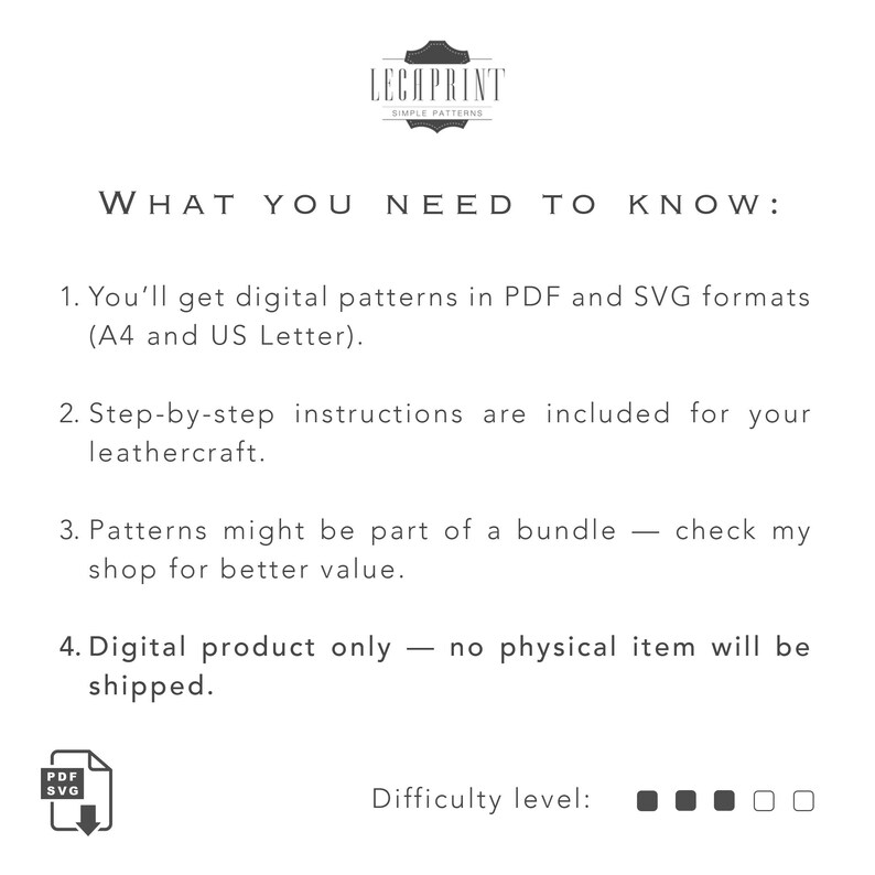K&ouml;nnte beinhalten: Ein digitaler Download f&uuml;r Lederhandwerk-Muster in den Formaten PDF und SVG. Das Bild zeigt ein Download-Symbol mit dem Text "PDF SVG" und dem Text "Schwierigkeitsgrad" mit f&uuml;nf leeren Quadraten.