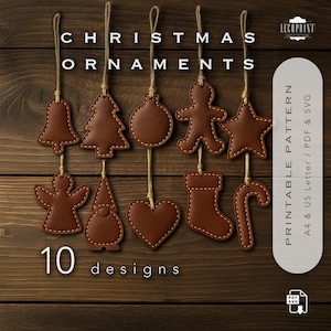 Op de afbeelding: Tien bruine leren kerstversieringen in diverse vormen, waaronder een bel, boom en ster, elk met een gestikte rand en een touwlus. De tekst "CHRISTMAS ORNAMENTS" staat bovenaan. De tekst "10 designs" is ook zichtbaar.