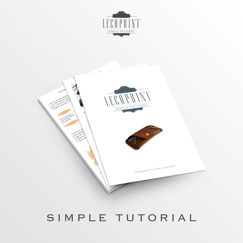 K&ouml;nnte beinhalten: Eine Anleitung zum Herstellen einer Lederb&ouml;rse. Die Anleitung tr&auml;gt den Titel "Simple Tutorial" und zeigt eine braune Lederb&ouml;rse mit einem gr&uuml;nen und gelben Akzent. Die Anleitung stammt von Lecprint Simple Patterns.