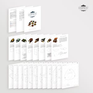 May include: A set of 18 printable leathercraft patterns for a coin purse. The patterns are printed on white paper and include instructions for making the purse. The patterns are for a small coin purse with a flap closure. The patterns are designed by Lechprint.