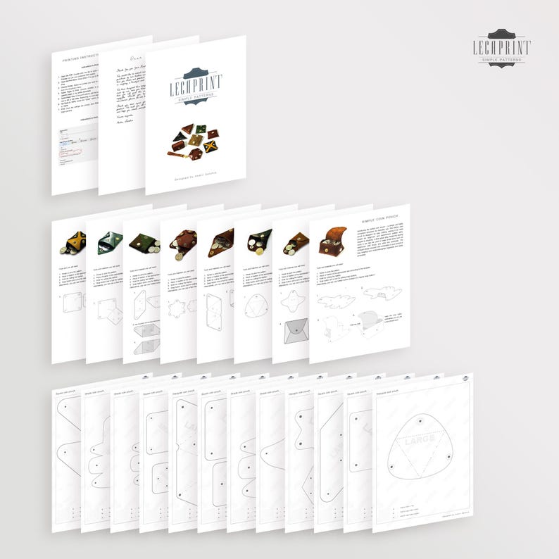 May include: A set of 18 printable leathercraft patterns for a coin purse. The patterns are printed on white paper and include instructions for making the purse. The patterns are for a small coin purse with a flap closure. The patterns are designed by Lechprint.