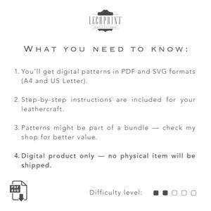May include: White graphic with the text "LECAPRINT SIMPLE PATTERNS" and "WHAT YOU NEED TO KNOW:" followed by four numbered points about digital patterns, instructions, bundles, and digital-only products. A PDF/SVG icon is in the lower left.