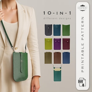 Puede incluir: Una mujer lleva una chaqueta blanca y una funda de teléfono de cuero verde con una correa. La imagen muestra 10 diseños diferentes para fundas de teléfono, incluyendo verde, azul, morado, marrón y negro. El texto "10-IN-1 different designs" se muestra encima de las fundas de teléfono. El texto "PRINTABLE PATTERN" se muestra en el lado derecho de la imagen. El texto "PDF SVG" se muestra en un icono de descarga en la parte inferior derecha de la imagen.