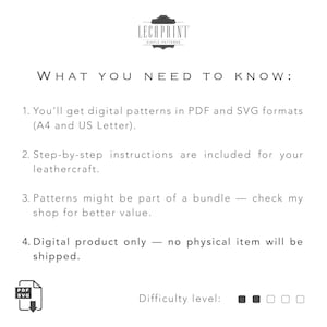 K&ouml;nnte beinhalten: Ein digitaler Download f&uuml;r Lederhandwerk-Muster in den Formaten PDF und SVG. Das Bild zeigt ein Download-Symbol mit dem Text "PDF SVG" und dem Text "Schwierigkeitsgrad" mit f&uuml;nf leeren Quadraten.