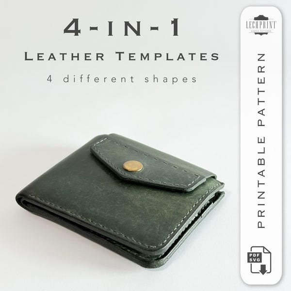 Leder Geldbeutel Muster mit Münzfach: 4-in-1-Vorlage (PDF & SVG)