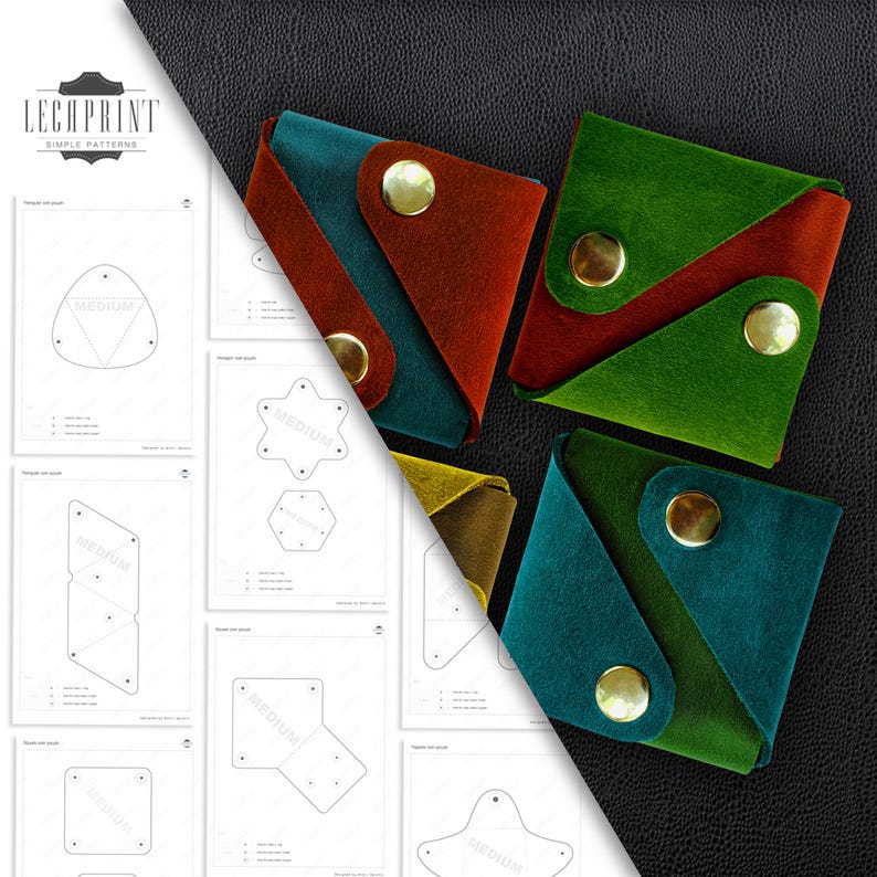 Pu&ograve; includere: Un set di sei modelli di portafoglio in pelle di vari colori, tra cui verde, blu, rosso e marrone. I modelli sono stampati su carta bianca e includono il testo "MEDIUM" in un cerchio. I modelli sono per un portafoglio con una patta ribaltabile e una chiusura a scatto.