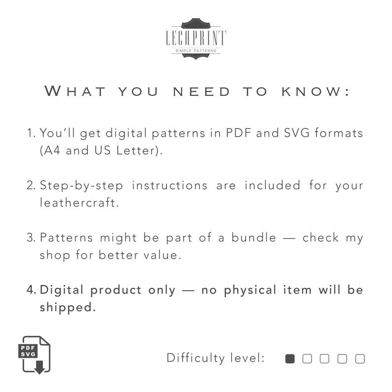 Pu&ograve; includere: Un download digitale per modelli di pelletteria in formato PDF e SVG. L'immagine mostra un'icona di download con il testo "PDF SVG" e il testo "Livello di difficolt&agrave;" con cinque caselle vuote.