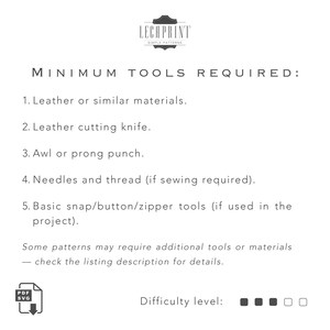 K&ouml;nnte beinhalten: Eine Liste der minimalen Werkzeuge, die f&uuml;r Lederhandwerksprojekte ben&ouml;tigt werden, darunter ein Ledermesser, eine Ahle oder ein Dorn, Nadeln und Faden sowie Werkzeuge f&uuml;r Druckkn&ouml;pfe/Kn&ouml;pfe/Rei&szlig;verschl&uuml;sse. Der Schwierigkeitsgrad wird durch f&uuml;nf leere Quadrate angezeigt.