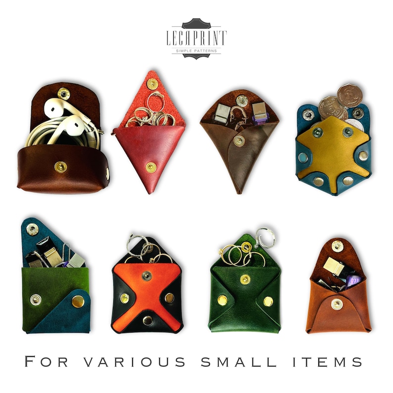 May include: Eight different leather pouches in various colors and shapes, each with a snap closure. The pouches are designed to hold small items like keys, coins, or earbuds. The pouches are arranged in two rows of four, with the text "LECPPRINT SIMPLE PATTERNS" at the top of the image and the text "FOR VARIOUS SMALL ITEMS" at the bottom.