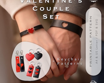 Valentine’s Couple Set Pattern | Matching Heart Bracelets & Keychains | Leather Template PDF and SVG