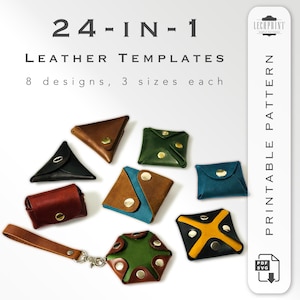 24-in-1 Leather Coin Pouch Patterns - 8 Designs, 3 Sizes Each | PDF and SVG, A4 & US Letter | Easy Leather Craft Project