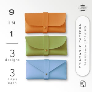May include: Three leather clutch cases in orange, green, and blue. Each case has a flap closure with a gold-colored snap. The image includes the text "9 in 1, 3 designs, 3 sizes each" and "Printable Pattern A4 & US Letter / PDF & SVG".