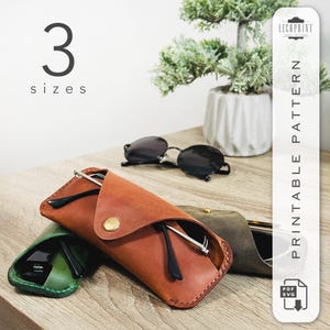 May include: Three leather eyeglass cases in brown, green, and gray. The cases are folded over to show the interior. The image includes the text "3 sizes" and "Printable Pattern".