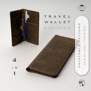 May include: Two brown leather travel wallets are displayed against a white background. One is open, revealing card slots and a blue interior. The other is closed. Text reads "TRAVEL WALLET, 4 variations, PRINTABLE PATTERN".