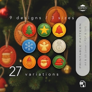 Puede incluir: Adornos navideños circulares con varios diseños, incluyendo un árbol, una estrella y Papá Noel. La imagen muestra el texto "9 diseños / 3 tamaños" y "27 variaciones". Los adornos son de varios colores.