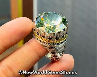 Beautiful Green Moissanite Men Ring 925 Sterling Silver Unique Design Moissanite Mens Ring Handmade Moissanite Ring Gift For Men