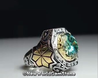 Beautiful Green Moissanite Men Ring Unique Design Moissanite Ring 925 Sterling Silver Ring For Her