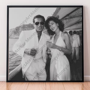 Vintage Yacht Wandbild – Glamouröses Paar Retro 1980s Schwarz-Weiß-Poster, Digitaldruck
