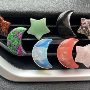 Crystal Car Vent Clips, Natural Quartz Car Parts, Car Crystal, Car Gifts, Boho Car Decor, Crystal Star & Crescent Moon Car Vent Clip Set