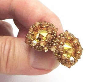 Sunshine Yellow Premium Crystal Rivoli Pärlörhängen Handgjorda Sterling Silver-stolpar Premium Bicones Miyuki Seed Beads