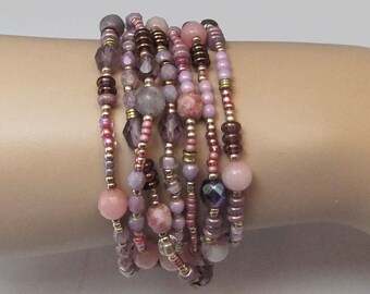 Rosa Morganit Ädelstenspärla Multi Wrap Stretcharmband Handgjort Lila Kvartspärlor Fröpärla Elastiskt Stretch Wrap Armband Boho Hippie