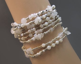 Månstenspärla Stretch Wrap Armband Handgjorda tjeckiska glaspärlor Vita kristallpärlor Miyuki-fröpärlor Boho Chic Hippie Elastiskt Armband