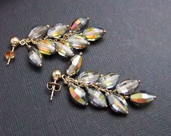 Vintage Swarovski Vitrail Crystal Cluster Dangle Earrings Handgjorda guldfyllda örhängen, Sällsynta fasetterade ovala kristaller, Guldfylld tråd