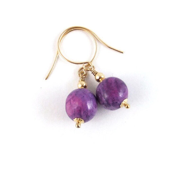 Purple Sugilite Gemstone Bead Drop Earrings Handmade Gold Etsy