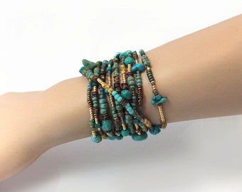 Turkos ädelstenschipspärla Stretch Wrap Armband Handgjorda Miyuki-pärlor Tjeckiska glaspärlor Turkos ädelstensklumpar Boho Chic Hippie
