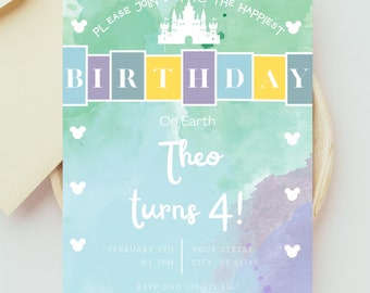 May include: A blue and green watercolor birthday invitation with a white castle and Mickey Mouse ears. The text reads "Please join us for the happiest birthday on Earth Theo turns 4!" with a date and time.