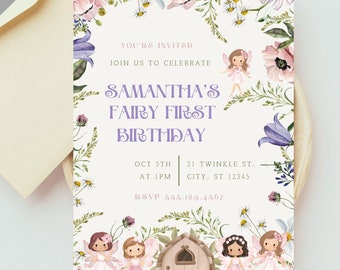 May include: A printable invitation for a fairy-themed first birthday party. The invitation features a whimsical design with fairies, flowers, and a small house. The text on the invitation reads "You're invited" and "Samantha's Fairy First Birthday".