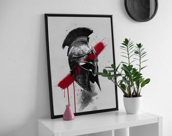 Spartan soldier helmet, colourful & bold wall art.