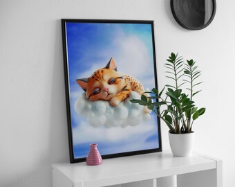 Cute cat cloud sleeping poster, colourful & bold wall art.