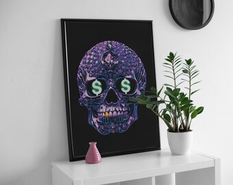 Diamond skull poster, colourful & bold wall art.