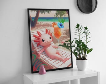 Axolotl relaxing with a cocktail on a beach, Colourful & bold wall art.