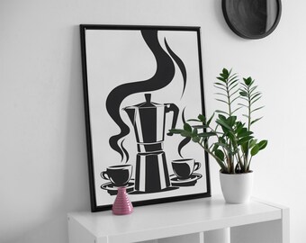 Minimalist Black And White Illustration Of Moka Pot, bold wall art.