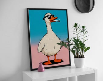 Whimsical Cartoon Goose in Sunglasses Against a gradient background, Colourful & bold wall art.