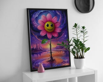 Cheerful Flower Against Cosmic Dreamy Landscape, Colourful & bold wall art.