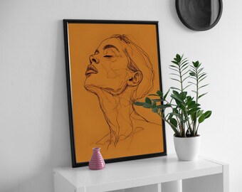 Lady in orange fine line illustration, colourful & bold wall art.