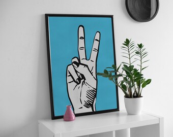 Peace sign, hand gesture poster. Colourful & bold wall art.