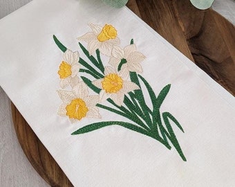 Embroidered Daffodil Kitchen Towel, Floral Decor