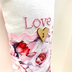 Love doorknob pillow, Valentine’s Day, hand embroidered, “Love” linen, cotton, door hanger, Ready to ship