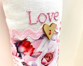 Love doorknob pillow, Valentine’s Day, hand embroidered, “Love” linen, cotton, door hanger, Ready to ship
