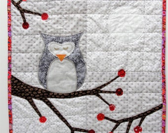 owl wall quilt- "Peaceful Winter Evening''- with branches of berries and full moon on gray winter sky background READY TO SHIP