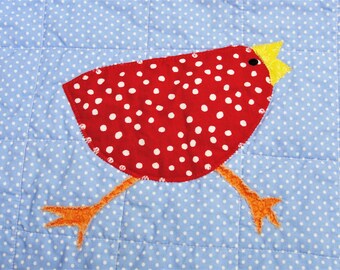 Handmade Appliqued Baby Quilt: Red Birds & Sun Embroidered