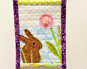 Rabbit micro wall quilt- brown rabbit on blue with  flower for Easter and Spring - Ready to Ship