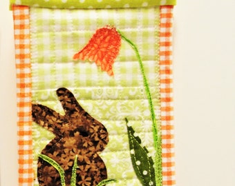 Bunny rabbit micro wall quilt, easter, spring, rabbit, flower, on green background, brown rabbit, bell flower, Ready to Ship
