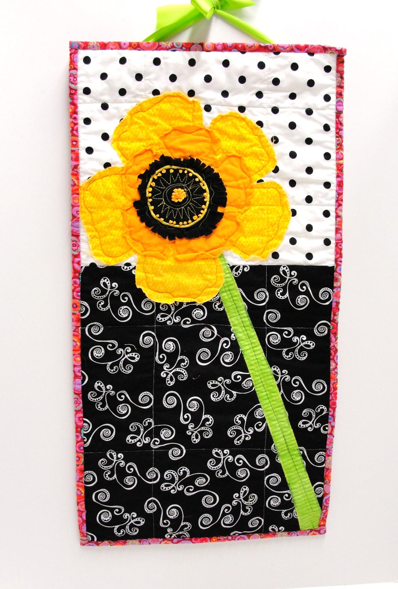Poppy Quilt Wall Art Quilt Single Stem in Yellow and Orange With Hand